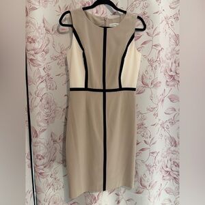 Calvin Klein Beige and Cream Sleeveless Sheath Dress with Black Trim